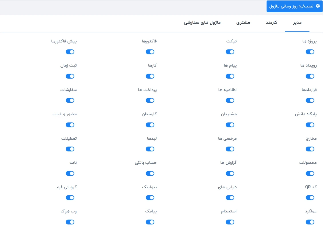 راهنمای تنظیمات ماژول در سیستم ورکسویت فارسی – Worksuite 1 تظیمات ماژول تب مدیر